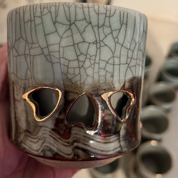 Somayaki Soma Ware Double Wall Mug Cup Heart Crackle Glazed Gold/ Horse Japan - Picture 4 of 4